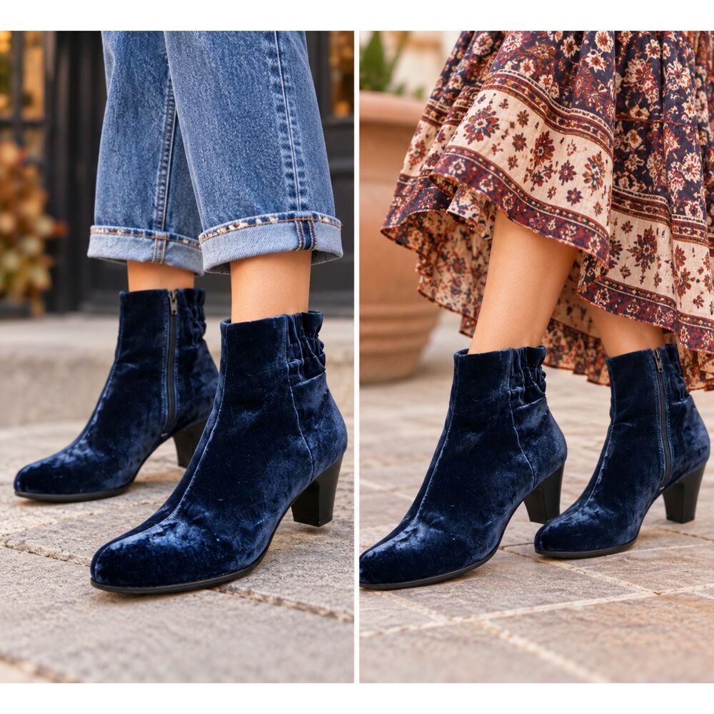 ABEO Nolan Blue Velvet Orthotic Ankle Boots Elastic Back Size US 8/EU 39
